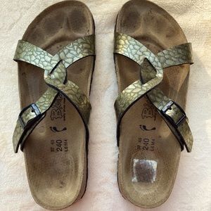 Birki’s muted gold metallic, size 37, never worn outside. Like new